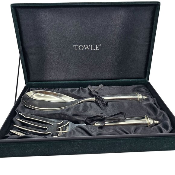 Towle Copenhagen Silverplated Serving Spoon & Fork Set Velvet Gift Box - Picture 7 of 12